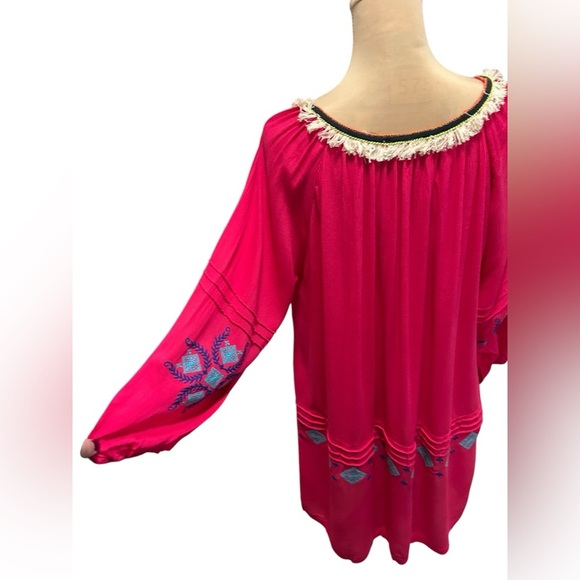 Hayden LA Women's Plus Mini Dress Tunic 1XL Fuchsia Embroidery Tassel Tie Fringe - Picture 8 of 12
